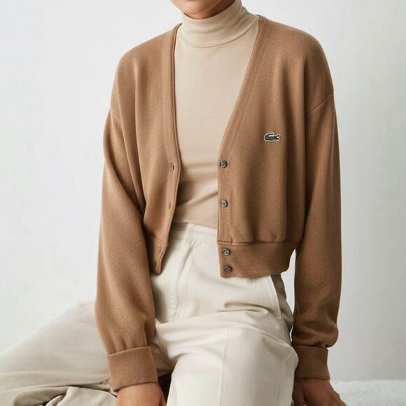 90s Lacoste Camel Cropped Cardigan Preppy Collegiate Oldmoney Minimalist Tan - Picture 3 of 12